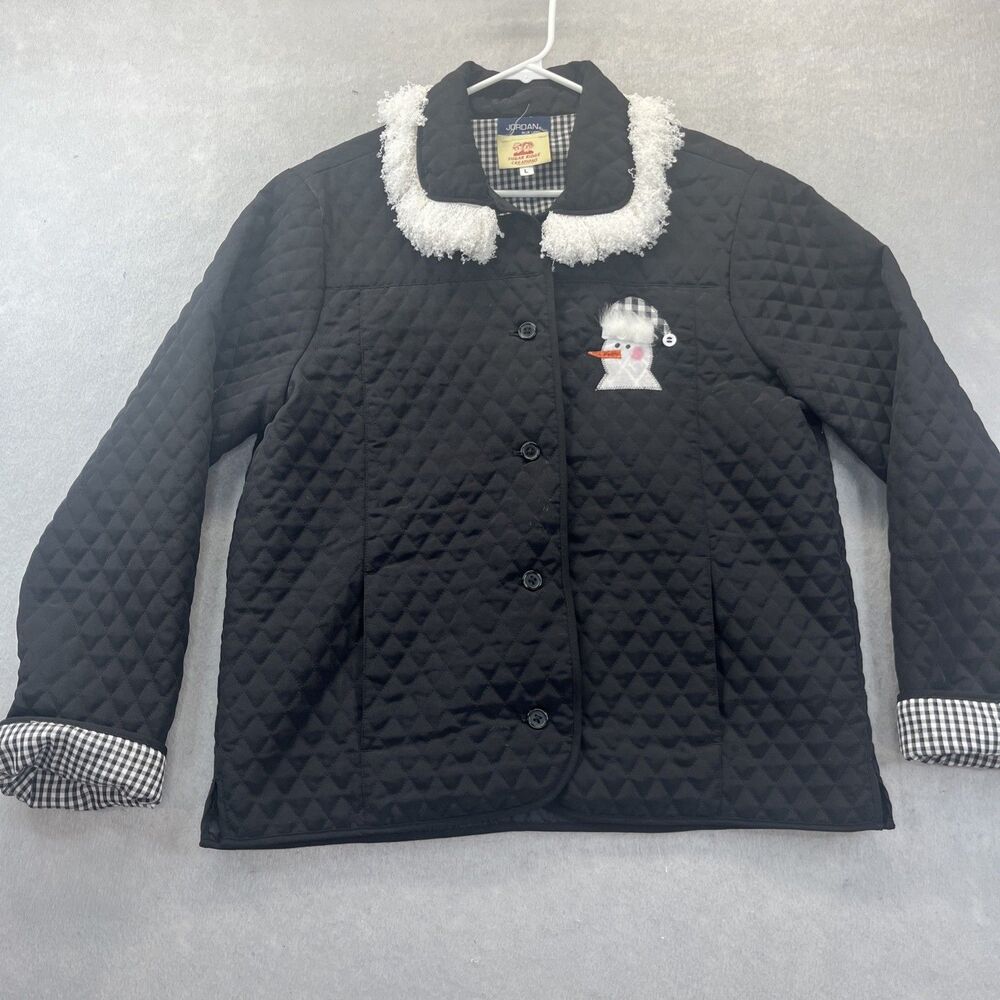 Sugar Ridge Creations Black Quilted Snowman Jacket Sz L Winter Vintage